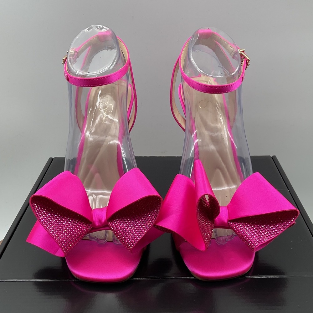 Jessica Simpson Hot Pink Satin Rhinestone Bow Stiletto Heels Ankle Strap 8M